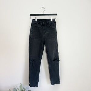 [American Eagle] Black Denim High Rise Distressed Mom Straight Jeans